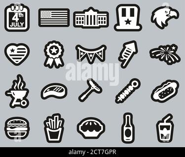 4th Of July Icons White On Black Stiker Set Big Stock Vector