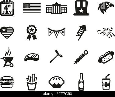 4th Of July Icons Black & White Set Big Stock Vector