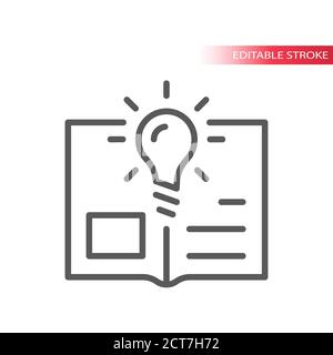 Open book and light bulb line vector icon. Knowledge and learning lightbulb concept outline symbol, editable stroke. Stock Vector