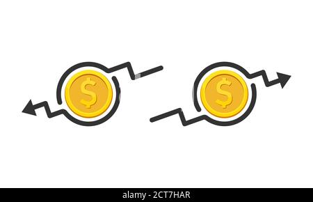 Dollar rate decrease and increase. Coin icon. Money arrow up and down. Cost reduction. Vector on isolated white background. EPS 10.
