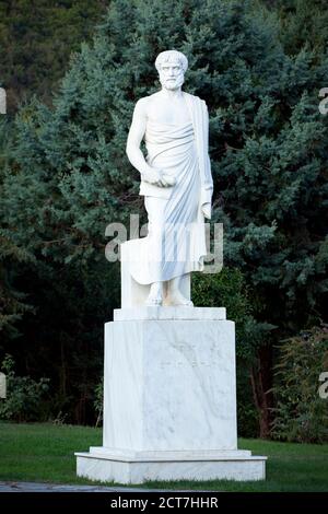 The marble statue of philosopher Aristotle, made by sculptor Nicholas, in Aristotle’s Park in Stagira, Halkidiki, Greece Stock Photo