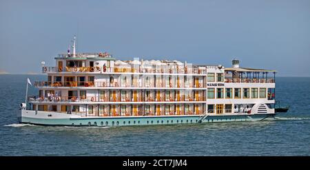 Lake Nasser, Egypt, 2014.  Luxury Cruise Ship sailing on Lake Nasser.  Lake Nasser is one of the largest manmade lakes and is popular with tourists. Stock Photo