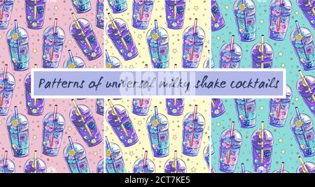 seamless patterns Cocktails of the universe, with a glass of drink and a night sky with planets and stars, space cocktails from day to night and the u Stock Vector