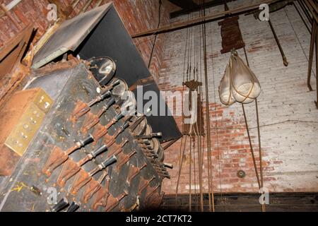 An Old Fashioned Switch Board Full of Rusty Levers With Black Handles on the Stage of an Abandoned Theatre Stock Photo