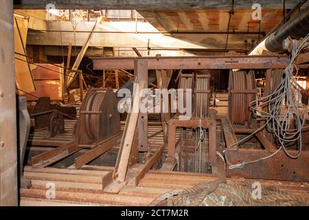 The Rusty Old Mechanisms of an Abandoned Theatre Above the Stage Stock Photo