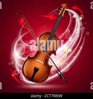 Classical violin on a red velvet curtain background Stock Vector