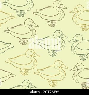 Vector seamless pattern of ducks on a light-yellow background. Wallpaper with ducks concept design. Stock Vector