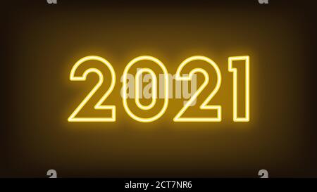 New Year 2021. Neon outline number 2021, glowing yellow digits. Year of the Ox. Greeting card, Neon Logo, Festive poster and banner. Vector illustrati Stock Vector