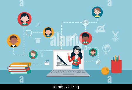 Distance education concept. Vector of a teacher and group of children studying online Stock Vector