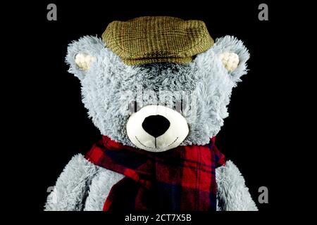 Teddy bear with tweed cap and tartan plaid scarf isolated on a black background Stock Photo