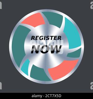 Register now web button. Vector round metallic and color icon. Button to sign up. Stock Vector