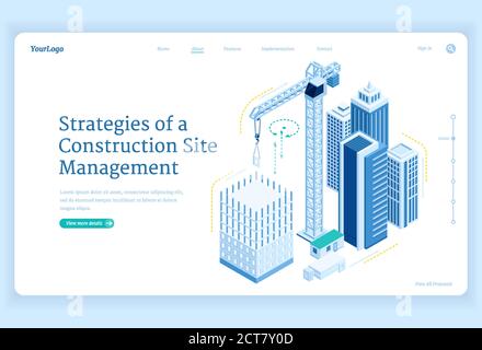 Strategies of construction site management banner. Engineering, manage and development project of house build. Vector landing page with isometric illustration of unfinished building and crane Stock Vector