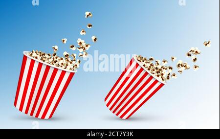 Pop corn flying out of carton disposable striped package, popcorn fast food snack in motion in red and white wide and narrow containers on abstract blue background. Realistic 3d vector illustration Stock Vector