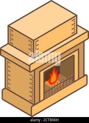 Interior design element. A stone isometric fireplace for heating system of the house. Stock Vector