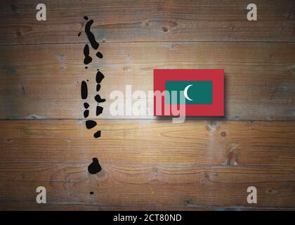 Map and flag of Maldives, Countrie in Asia, on wooden background, 3D illustration Stock Photo