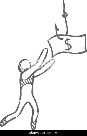Man chasing dollar bait icon in sketch style. Vector illustration. Stock Vector