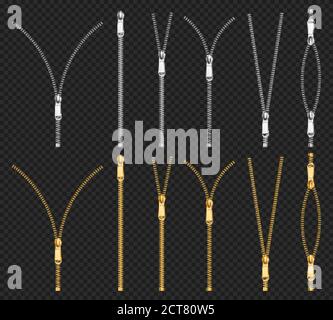 Metal zip fasteners, silver golden zippers with differently shaped puller and open or closed black fabric tape, clothing hardware isolated on transparent background, Realistic 3d vector illustration Stock Vector