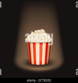 Popcorn round bucket cup in spotlight. Realistic vector cinema heaped pop corn paper bowl red white box. super star movie snack. graphic illustration Stock Vector