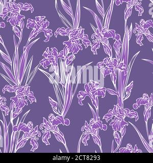 Iris flowers. Vector seamless pattern with purple iris flowers for scrapbooking, print. Stock Vector