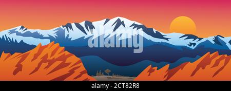 Mountains Valley and Red Rocks Scenic Landscape Vector Illustration Stock Vector