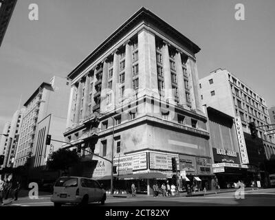 Los Angeles, California, USA - February 2002:  Black and white archival view of architecture and buildings at 8th and Broadway in downtown Los Angeles. Stock Photo