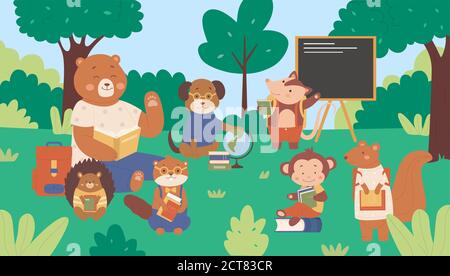 Forest animals in school vector illustration. Cartoon flat cute wild animalistic students kids characters sitting on green grass meadow among forest trees, schooling and studying in class background Stock Vector