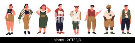 Plus size people vector illustration set. Cartoon flat collection with curvy fat young man woman in casual summer clothes, happy body positive overweight fat male female characters isolated on white Stock Vector