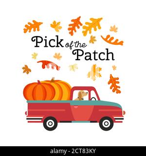 Red farm truck with pumpkins flat color vector Stock Vector