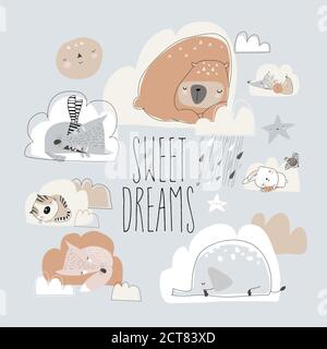 Cute cartoon animals sleeping on clouds. Sweet dreams Stock Vector