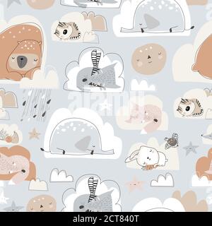 Seamless pattern with cute cartoon animals sleeping on clouds Stock Vector