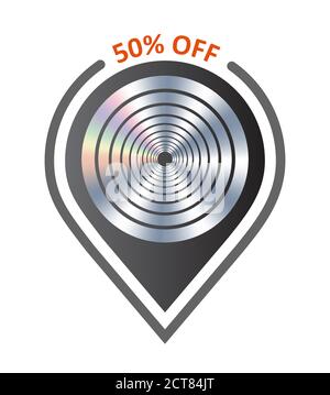 50 percentage off vector banner sale pinpoint geo location icon. Holographic target element Stock Vector