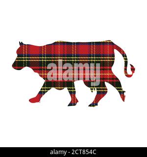 Farm animal cow in tartan christmas illustration clipart. Simple gingham checkered color. Cartoon cattle with plaid pattern highland sticker.  Stock Vector