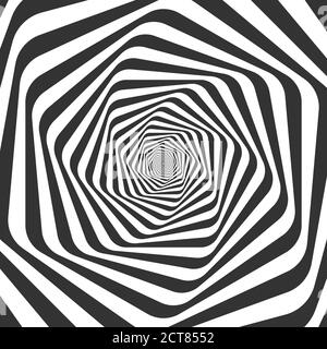 Swirl silhouette. Geometric whirl and rotating stripes with hypnotic effect. Waves and curves in deceptive motion. Optical illusion with radial black Stock Vector