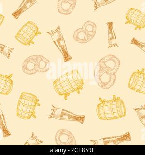 Beer Vector Seamless Background Pattern. Hand Drawn Pretzel, Barrel, and Glass Sketches. Octoberfest Celebration Greeting Card, Wrapping, Wallpaper or Stock Vector