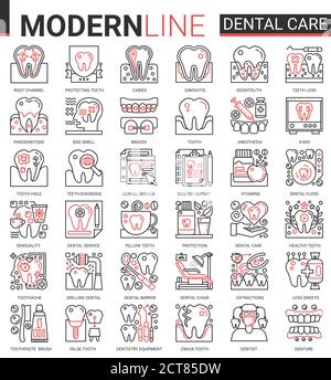 Dental care medicine complex thin red black line concept icons vector set, outline dentistry healthcare website symbols collection with medical tooth implant pictogram, dentist equipment, toothpaste Stock Vector