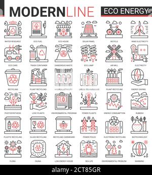 Eco energy complex concept icon vector set. Red black thin line website design collection of ecology problems linear symbols, environmental ecosystem protection and green waste recycling technology Stock Vector