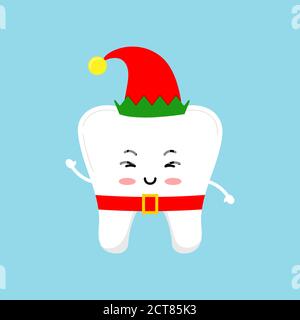 Cute Christmas tooth in elf costume with red hat and belt icon in flat cartoon style isolated on background. Stock Vector