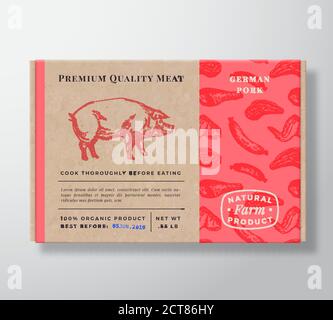 Meat Pattern Realistic Cardboard Box Container. Abstract Vector Packaging Design or Label. Modern Typography, Hand Drawn Pig Silhouette. Craft Paper Stock Vector