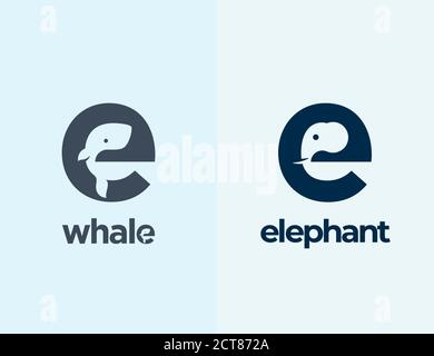 Cute Little Whale and Elephant Silhouettes Incorporated in the Letter E. Abstract Vector Logo Templates, Signs or Icons. Negative Space Mammals Stock Vector