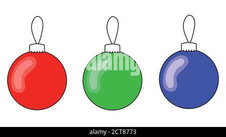 Three balls for the Christmas tree. Red green blue simple freehand drawing, christmas decoration, glass ball with rope for christmas tree decoration Stock Vector