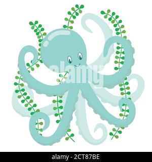 Blue octopus with water plants, cute cartoon character. Cute octopus with 8 tentacles, vector illustration for children, isolate print design on white Stock Vector