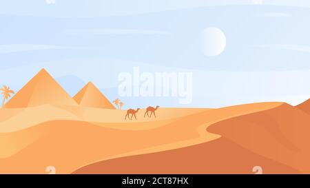 Egyptian desert nature landscape vector illustration. Cartoon flat desert scenic wild natural lands with sand dunes and camel caravan, mountain rocks sandstone wilderness scenery in Egypt background Stock Vector