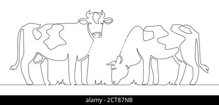 One line cows. Milk cow animal, livestock and beef meat and calf farm continuous line artwork vector concept. Illustration cow, farm mammal one line a Stock Vector