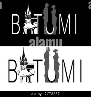 Print with Batumi text and iconic building and statue Symbol of love. Postcard, banner, logo of the city in Georgia. Vector illustration Stock Vector