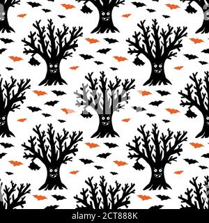 Dry funny tree with hanging and flying bats. Halloween seamless pattern. Isolated on a white background. Vector stock illustration. Stock Vector