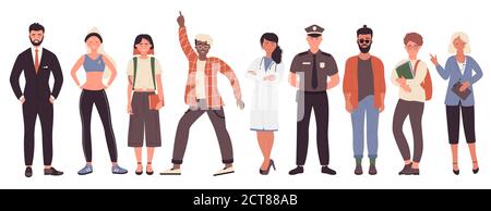 Different job or hobby people vector illustration set. Cartoon flat collection with man woman worker group of characters in uniform, businessman policeman doctor fitness trainer isolated on white Stock Vector
