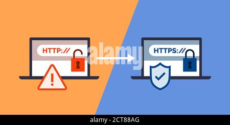 HTTP and HTTPS protocols, safe web surfing and data encryption Stock Vector