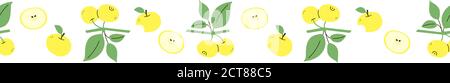 Seamless border with yellow apples. Set of vector fruit isolated on white background. Line pattern. Endless ornament. Design template. Positive Stock Vector