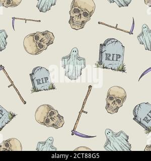 Hand Drawn Scull, Tomb Stone, Scythe and Ghost Vector Seamless Background Pattern. Halloween Celebration Greeting Sketches Card, Wrapping or Cover Stock Vector