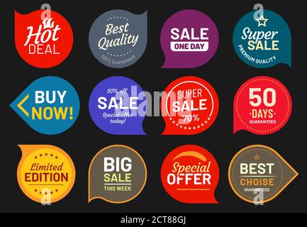 Sale quality badges. Quality stamp sticker, badge premium, product emblem price illustration, discount and guaranteed Stock Vector